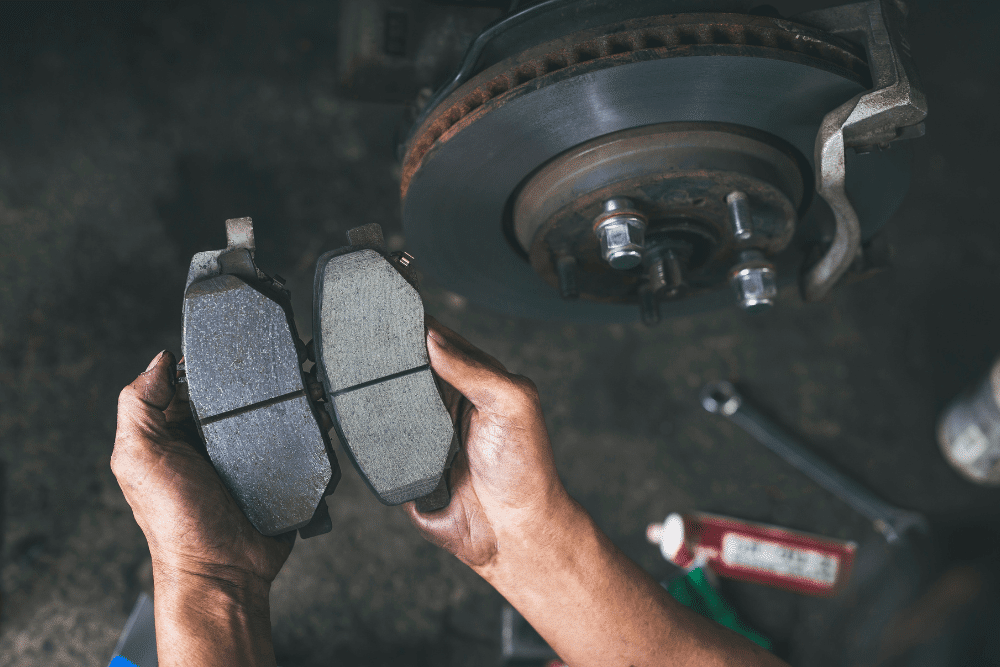 Brake pad replacement comparison image showing a worn pad next to a new one. auto repair in Amagansett, NY at Bock Auto