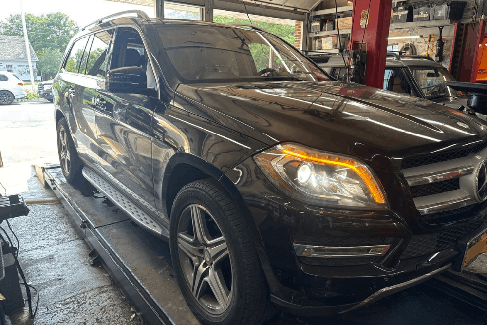 European auto repair specialist in Amagansett, NY. Image of a Mercedes-Benz SUV in the repair shop during inspection and service, showcasing expert European vehicle maintenance, diagnostics, and repair to help preserve performance, reliability, and driving comfort.